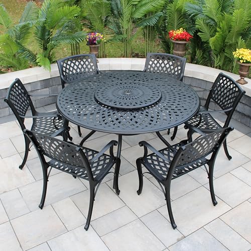Oakland Living Modern Ornate Outdoor Mesh Aluminum 59-in Round Patio Dining Set with Six Chairs Black