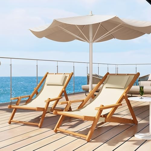 XL Union Patio Lounge Chairs Set of 2 Adjustable Outdoor Wooden Sling Chairs Foldable with Adjustable Height Easy to Carry for Patio and Indoor Use Original Color Two