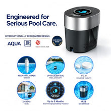FinWhale Smart Chlorine Dispenser & Pool Monitor, Auto Dosing with Calculated Free Chlorine (FC), pH, ORP & Temp, Up to 25,000 Gal, 1" & 3" Tablets, Solar & Battery Powered, 2.4 GHz Wi-Fi, Free App