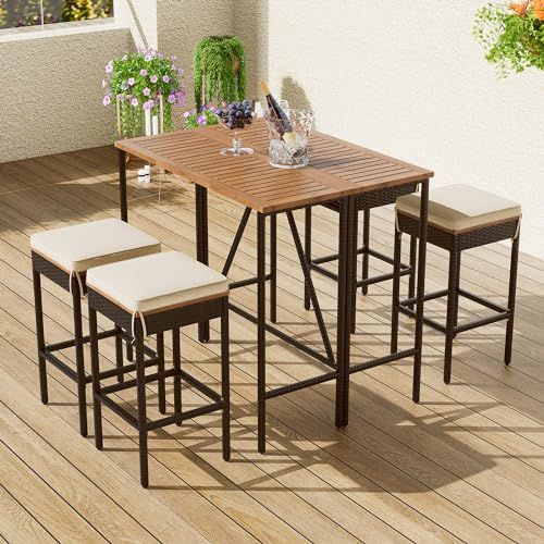 Merax 5-Piece Outdoor Bar Table and Chairs Set for 4, Acacia Wood PE Rattan Wicker Table and 4 Bar Height Stools with Cushions, Foldable Tabletop, Dining Bistro Set All-Weather Patio Furniture, Brown