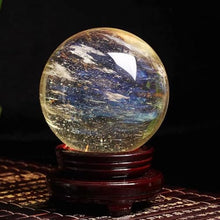 FOTCFATEV Crystal Sphere, Yellow Ball Melting with Wooden Stand Citrine Gemstone Divination Sculpture Figurine for Wealth Feng Shui,19cm/7.5in
