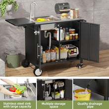 KEIKI Outdoor Grill Table with Sink & Foldable Worktop, 304 Stainless Steel BBQ Cart with Storage Cabinet & Wheels, Outdoor Kitchen Prep Station with Large Basin for Backyard, Garden, Patio
