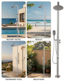 CHALIRS 316 Marine Grade Stainless Steel Free Standing Outdoor Shower with Foot Wash, 3-Function Nickel Shower Kit with 10''Rain Shower Head,Outdoor Shower Fixture for Backyard Beach Poolside