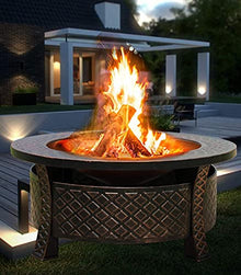 SLGGPJBU Outdoor Fire Pit Round Wood-Burning Fire Bowl Grill, with Mesh Spark Sieve Cover, Wrought Iron Cooking Fire Pit, 81cm/31.8"", Style 1