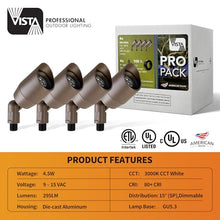VISTA 4 Pack Cast Aluminum Landscape Spotlights, Low Voltage Landscape Lighting, 100FT 14/2 Landscape Wire, Spot Lights Outdoor with 4.5W MR16 LED Bulb for Yard, Garden, Lawn, Tree (Bronze)