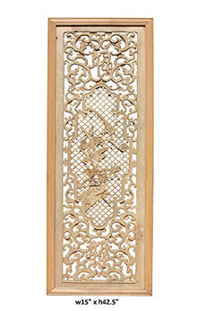 Orientliving Chinese Rectangular Wood Flower Bird Carving Wall Panel Plaque Brown