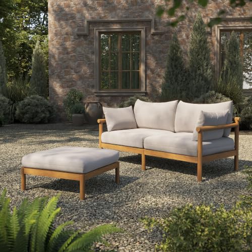 Modway Eleni 2-Piece Outdoor Teak Wood Loveseat with Ottoman Set in Natural Sail – 2 Seater Patio Sofa Couch with Square Footstool