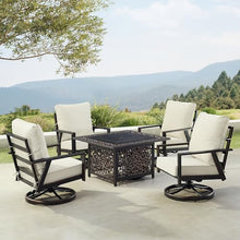 Oakland Living Black Aluminum Patio Fire Table Set with Four Club Chairs with Light Grey Cushions