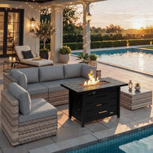 Shintenchi 6 Piece Outdoor Patio Furniture Set with 43 Inch Propane Fire Pit, Washable Cushions, Glass Coffee Table, Waterproof Cover & CSA Certified for Backyard Poolside, Brown PE Rattan/Gray
