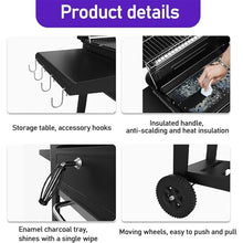 Portable Charcoal BBQ Grill, Charcoal BBQ Grill Trolley with Wheels and 2 Folding Side Table, Visual Thermometer, Adjustable Air Vent, Lifting Charcoal Basin, for Home Garden Cooking