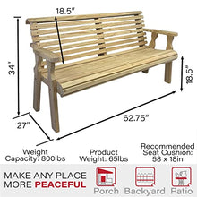 Amish Casual Heavy Duty Unfinished 5 Foot Roll Back Outdoor Bench - Amish Made in The USA from Treated Pine for Outdoor Durability, 700 Lb Weight Capacity