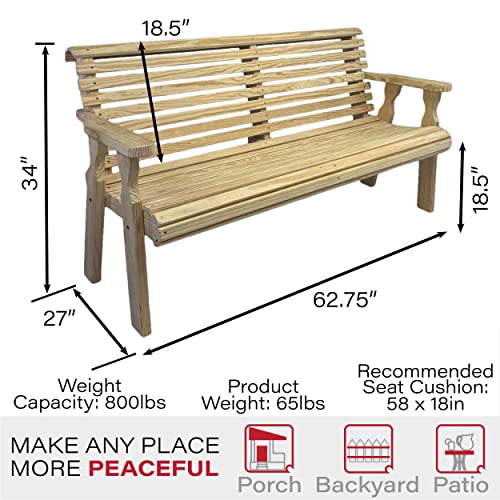 Amish Casual Heavy Duty Unfinished 5 Foot Roll Back Outdoor Bench - Amish Made in The USA from Treated Pine for Outdoor Durability, 700 Lb Weight Capacity
