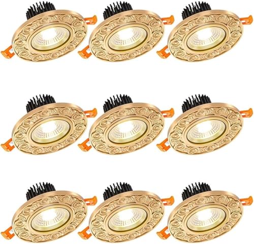 SoOSSN Round Brushed Brass Downlight,9-Pack LED Recessed Light Fixtures Ceiling Lights, Dimmable Recessed Lighting(Tri Color dimming,10W)