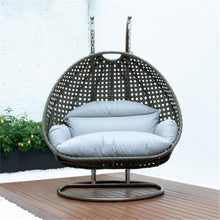 LeisureMod 2 Person Wicker Egg Chair Outdoor Indoor Bedroom Patio Hanging Lounge Swing Hammock Chairs with Beige Stand and UV Resistant Cushions, Light Grey