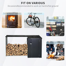 BYLUXA Heavy-Duty Galvanized Steel 2-in-1 Outdoor Firewood Rack & Metal Storage Shed - Rust-Resistant, Weatherproof, Multi-Functional Solution for Firewood & Yard Equipment Storage