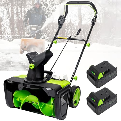 Electric Snow Shovel, 20” Corded Snow Blower, 20 X 10 Inch Clearing Path and 25 Feet Throwing Distance, with Led Headlights, Fast Charger, Small Snow Removal Equipment 2 Batteries