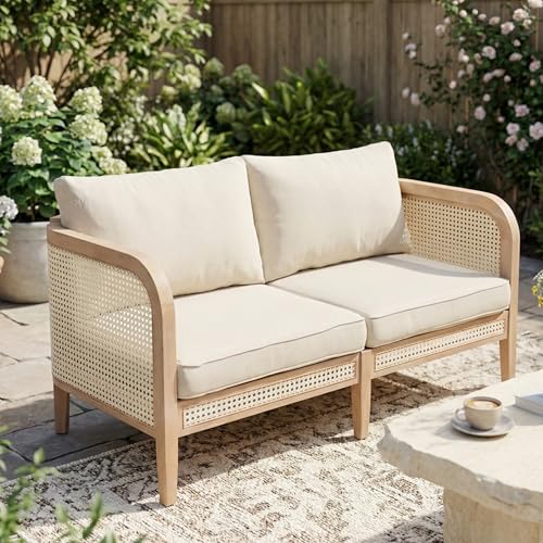 Christopher Knight Home Kirby Acacia Wood 2-Seater Outdoor Sofa Couch, Patio Loveseat Sofa with Cushions, Modern Love Seat with Wicker Accent, Spacious Seating Couch for Backyard/Porch, Natural+Beige