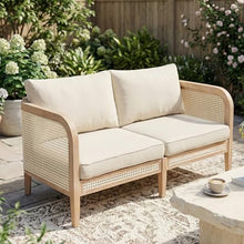 Christopher Knight Home Kirby Acacia Wood 2-Seater Outdoor Sofa Couch, Patio Loveseat Sofa with Cushions, Modern Love Seat with Wicker Accent, Spacious Seating Couch for Backyard/Porch, Natural+Beige