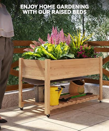 Sturdy Elevated Wooden Raised Garden Bed with Wheels and Legs – Large Planter Box with Storage Shelf, Protective Liner – Ideal for Vegetables, Herbs, Flowers – Outdoor Patio, Balcony, Backyard –