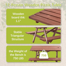 AMZSTAN 95-Inch Extra Large Wooden Picnic Table Set with Benches, 12-Person Outdoor Patio Dining Table with Umbrella Hole, Rustic Brown Garden Table for Backyard Gatherings, Deck, or Park Use