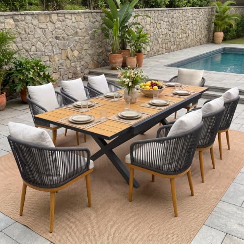 LayinSun Outdoor Patio Dining Set for 9, 60" - 82" Expandable Outdoor Dining Table and 8 Chairs