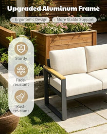 7 Seats Aluminum Outdoor Patio Conversation Sets with Coffee Table, 6 Pieces Metal Conversation Sectional Furniture Sofa for Balcony, Garden, Deck, Backyard,Beige