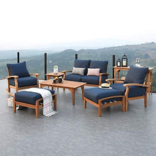 Teak Patio Ottoman with Cushion Blue Farmhouse Wood Finish Removable Cushions