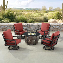 Oakland Living Black Aluminum Patio Fire Table Set with Four Club Chairs and Red Cushions