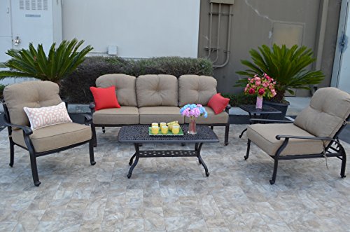 Elizabeth Outdoor Patio 4-pc Seating Group Cast Aluminum Dark Bronze (Premium Linen Sesame Cushions)