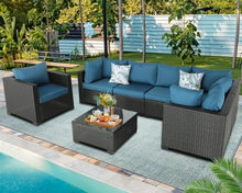 HTERWQEA 7‑Piece Wicker Patio Furniture Set Outdoor Couch Sectional Conversation Set with Glass Coffee Table and Cushions, All Weather Rattan Patio Furniture for Garden Poolside Backyard Porch