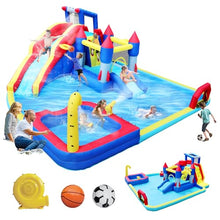 Inflatable Backyard Play Center with Long Slide, Splash Pool, Climbing Wall, Basketball Hoop, Soccer Goal, Cannon, Rocket Sprayer, Jumping Area, Outdoor Bounce House for Kids Family Lawn Garden