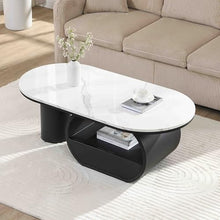 Luxury Modern Oval Coffee Table with Storage Drawer & Shelf, 47.24'' Faux Marble Top Center Table for Living Room, Black Metal Frame Sofa Table with Adjustable Feet, Easy Assembly
