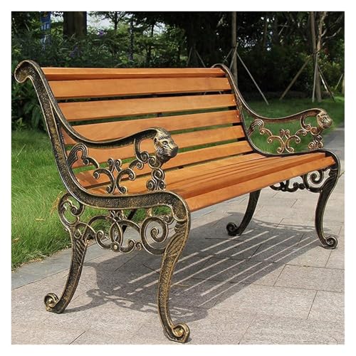 Outdoor Solid Wood Garden Park Bench for 2-3 People, Weatherproof Patio Lawn Bench Porch Seat with Cast Iron Frame, Porch/Deck/Patio Furniture Bench with Backrest and Armrests(Teak+Antique bronze Legs