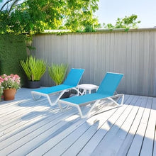 Kozyard Outdoor Chaise Lounge Chair, Full Flat Adjustable Patio Lounger with Aluminum Frame & Resin Legs, Textilene Fabric for Poolside, Backyard & Beach (Aqua, 2Chairs + Table)