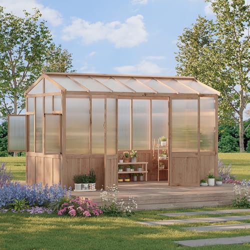 8X12 FT Heavy Duty Wooden Greenhouse for Outdoor - Walk-in Green House Kit with 6mm Polycarbonate, Ventilated Window & Lockable Door for Backyard, Patio, Lawn