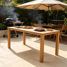 GDFStudio 68.9" Outdoor Dining Table with Umbrella Hole, HIPS Patio Dining Table for Backyard, Deck, Garden and Outdoor Dining, Wood-Look Rectangular Table, Teak