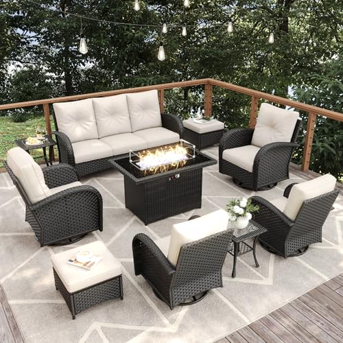 Vakollia 10-Piece Patio Furniture Set with Fire Pit, Black/Beige