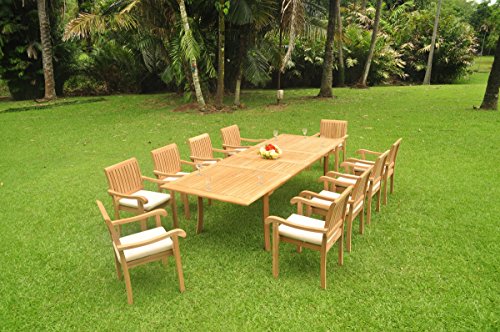 TeakStation 10 Seater Grade-A Teak Wood 11pc Dining Set:118" Rectangle Table and 10 Stacking Napa Arm Chairs #TSDSNPj