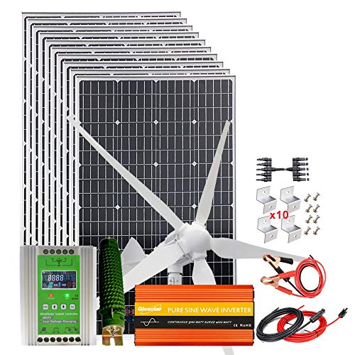 2000W Wind Solar Kit with 2000W 24V Power Inverter for Home Off Grid System：1000W Wind Turbine Generator + 10pcs 100W Mono Solar Panel + Hybrid MPPT Charge Controller + Accessory