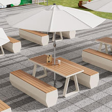MJJRWF Outdoor Table and Chair Set with Sun Umbrella, WPC Table with 2 Benches for Coffee Shop/Restaurant/Backyard – Family Dining Patio Furniture(White,140x70x75cm)