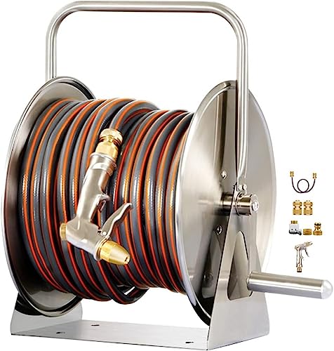 VIXARKO Outside Heavy Duty Hose Reel Cart Set,Household Stainless Steel Hosemobile Sturdy Gardening Pipe Storage Rack Garden Yard Hose Reels (Color : Silver, Size : Hose Reel+50m Pipe)