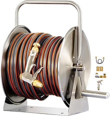 VIXARKO Outside Heavy Duty Hose Reel Cart Set,Household Stainless Steel Hosemobile Sturdy Gardening Pipe Storage Rack Garden Yard Hose Reels (Color : Silver, Size : Hose Reel+50m Pipe)