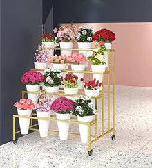 ZOCWJK 4 Tier Gold Plant Stand with 16 Flower Buckets Mobile Metal Plant Display Shelf with 4 Wheels Flower Pot Holder for Weddings and Gardens,4 Layerswith White Bucket