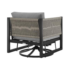 roomfitters Mareike Modern Outdoor Patio Swivel Glider Lounge Chair - Black Aluminum & Woven Rope 360 Rocker Armchair - All-Weather Gray Cushions - Rust-Proof Garden Seating