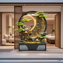 Indoor Outdoor Resin Fountain with LED Light Ring – Round Landscape Waterfall Feature with Pump, Bonsai & Gourd Decor – 6.07ft Tall Large Decorative Water Sculpture(A Large)(B Small)