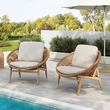 Papasan Style Faux Rattan Patio Lounge Chair w/Removable Cushions for Garden, All Weather Outdoor Accent Chair w/Ergonomic Curved Backrest & Wood Textured Iron Frame for Porch (Set of 2)