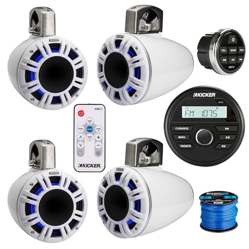 KICKER All-Weather Marine Bluetooth AM/FM Receiver & 6.5" LED Tower Speakers Package White