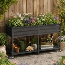 2-Tier Elevated Metal Wicking Garden Bed with Lockable Wheels & Storage Shelf, Dark Gray Staggered Self-Watering Planter. Built-in tank feeds plants via capillary action for veggies, herbs, flowers