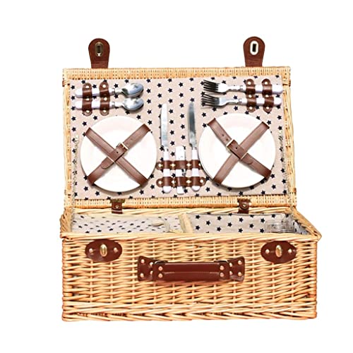ZYBB Willow Picnic Basket with Cutlery Insulation Bag Cotton Linen Lining for 4 People 54X34x20cm