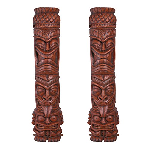 Design Toscano S/2 Grand Island Tiki Totem Statues Faux Woodtone Finish